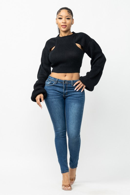 Hera Puffy Sleeve Cropped Sweater Black SAMPLE