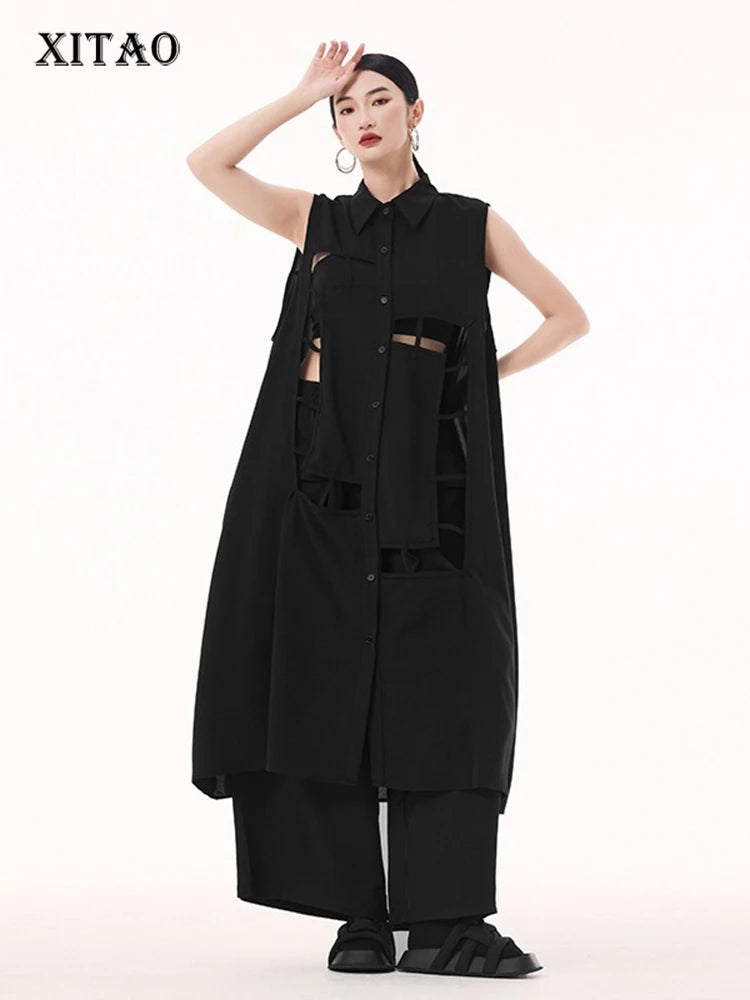 XITAO Hollow Out Sleeveless Patchwork Women Dress Loose Solid Color Female Casual Turn-down Collar Mid-calf Dress GMM1361