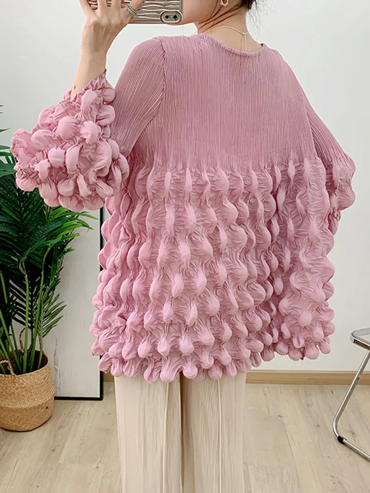 GVUW Pleated Chic Style Jackets Women V Neck Lace-up Full Flare Sleeve Solid Color Outwear New 2025 Loose Clothing 17G8022