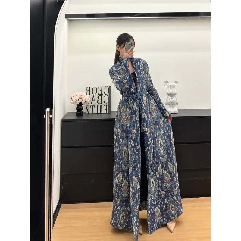 KAF Women Large Size Trench Coat Retro Printing Lapel Long-sleeved Cardigan Design Luxury Female Robe 2025 Spring New