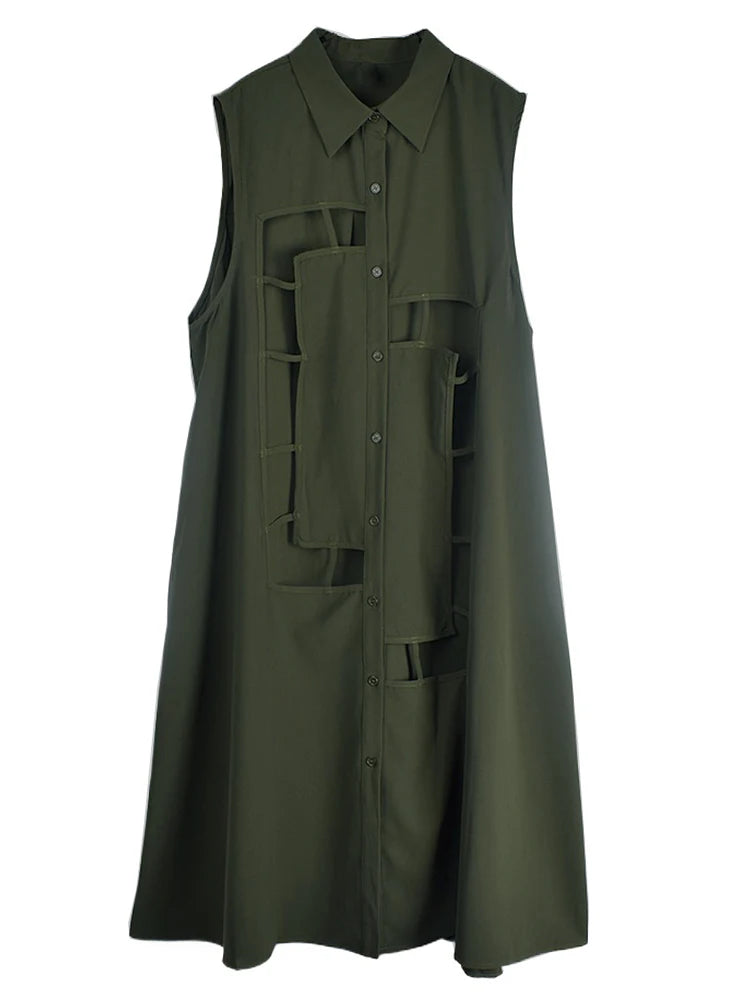 XITAO Hollow Out Sleeveless Patchwork Women Dress Loose Solid Color Female Casual Turn-down Collar Mid-calf Dress GMM1361