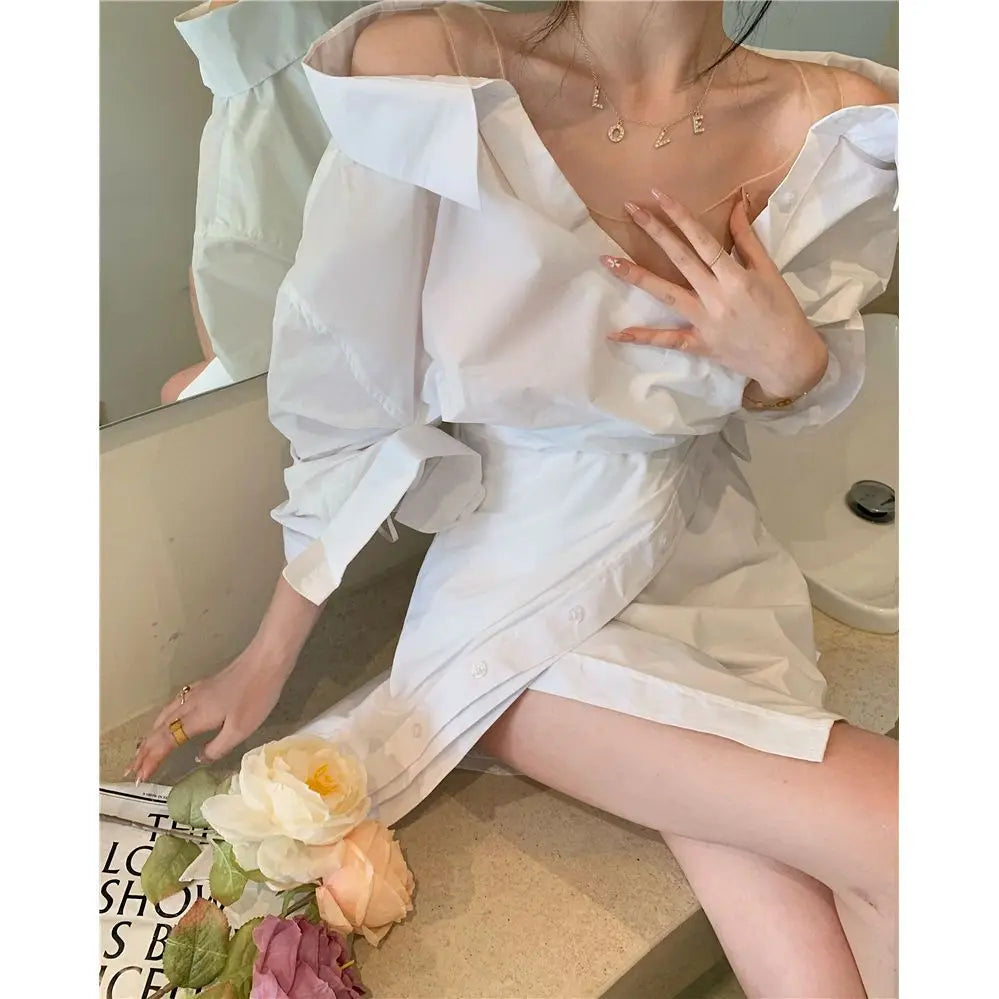 2024 New Spring Top Women's Personality Irregular Sling Waist Clamping Shirt Dress Loose Fit white