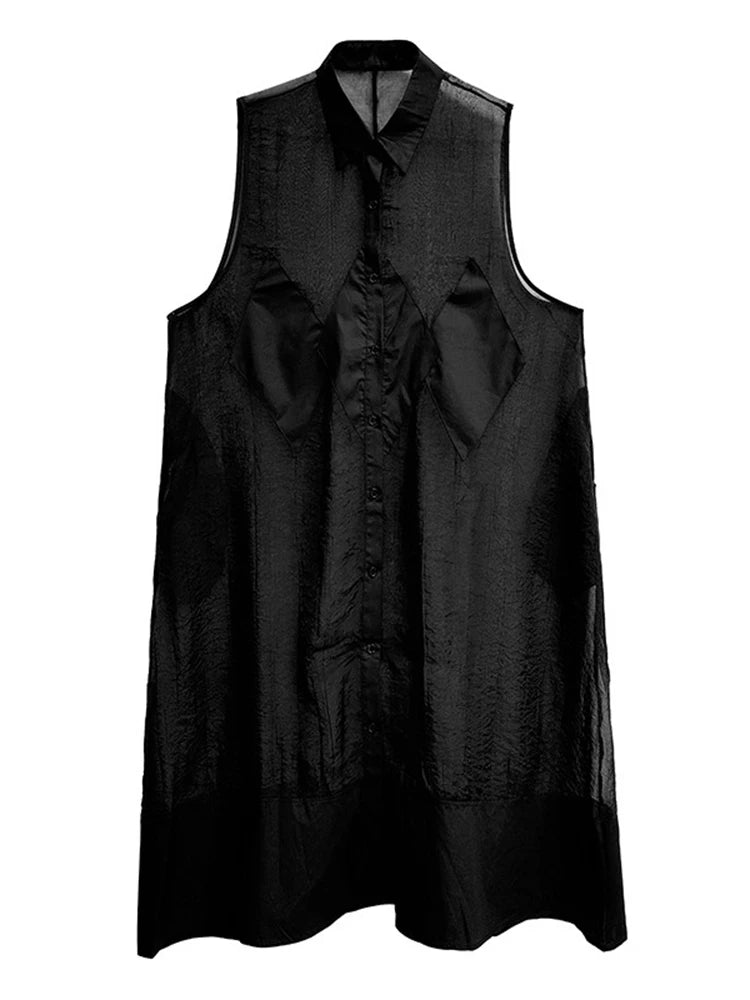 XITAO Sleeveless Patchwork Mesh Dress Solid Color Single Breasted Mid-calf Women Casual Fashion Summer Slimming Dress GMM1364