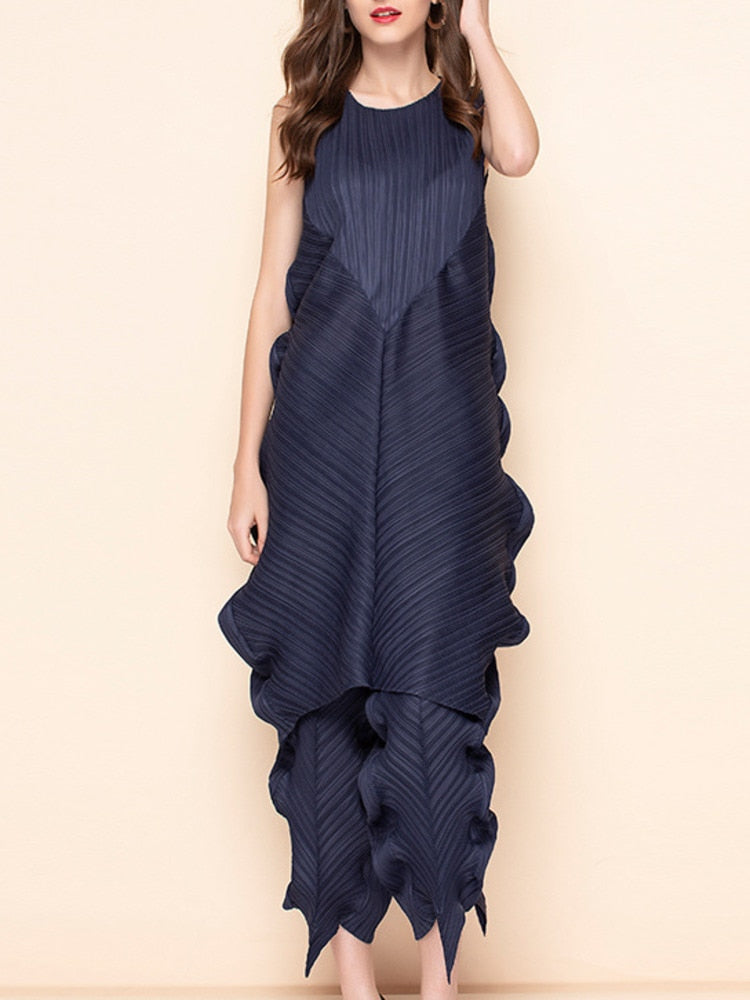 Pleated Two Piece Set Sleeveless Top High Waist Pencil Trousers Ruched Sides 17G1204 preorder