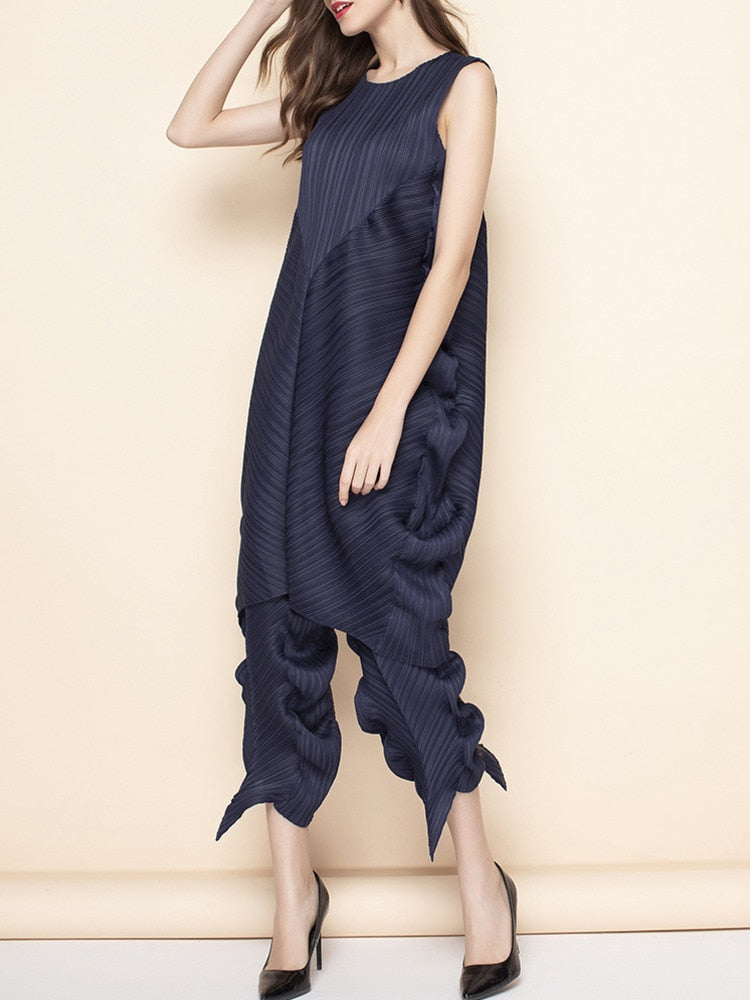 Pleated Two Piece Set Sleeveless Top High Waist Pencil Trousers Ruched Sides 17G1204 preorder