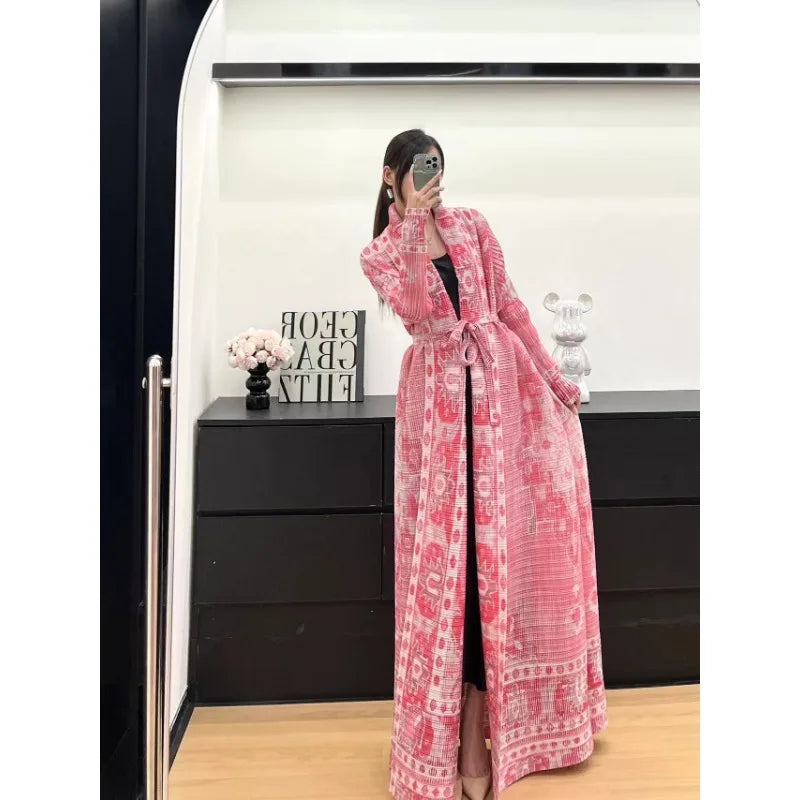 KAF Women Large Size Trench Coat Retro Printing Lapel Long-sleeved Cardigan Design Luxury Female Robe 2025 Spring New