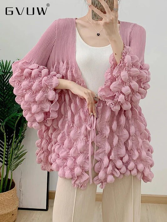 GVUW Pleated Chic Style Jackets Women V Neck Lace-up Full Flare Sleeve Solid Color Outwear New 2025 Loose Clothing 17G8022