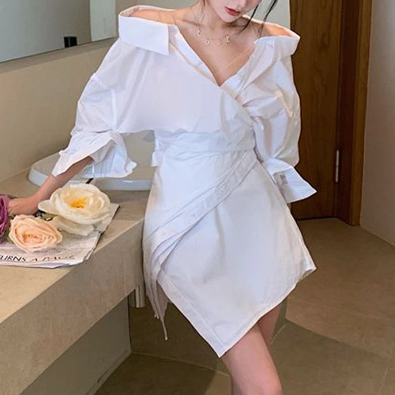 2024 New Spring Top Women's Personality Irregular Sling Waist Clamping Shirt Dress  Loose Fit  white