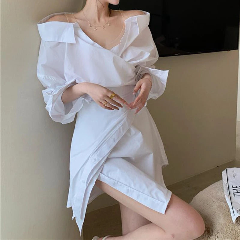 2024 New Spring Top Women's Personality Irregular Sling Waist Clamping Shirt Dress  Loose Fit  white