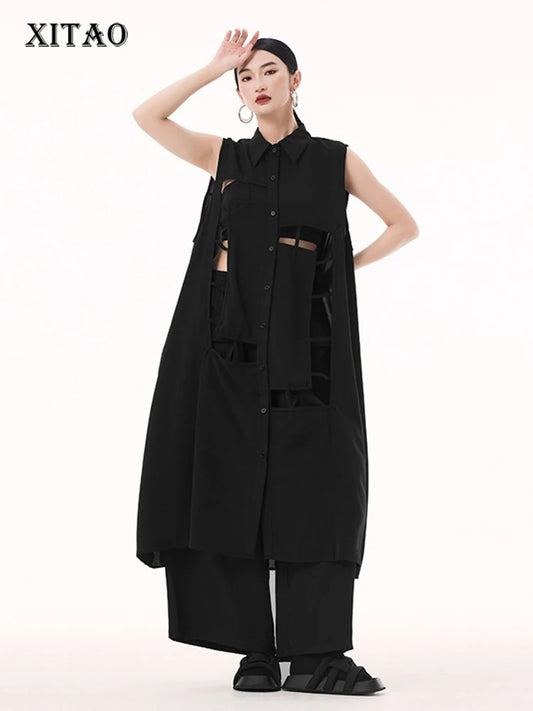 XITAO Hollow Out Sleeveless Patchwork Women Dress Loose Solid Color Female Casual Turn-down Collar Mid-calf Dress GMM1361