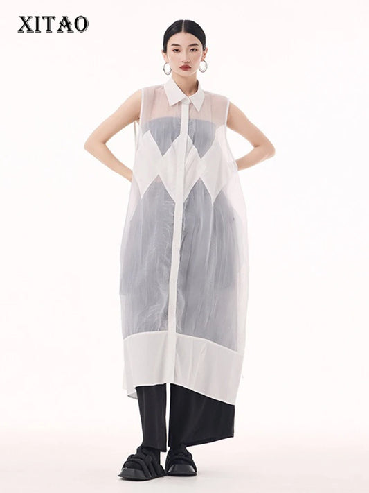 XITAO Sleeveless Patchwork Mesh Dress Solid Color Single Breasted Mid-calf Women Casual Fashion Summer Slimming Dress GMM1364