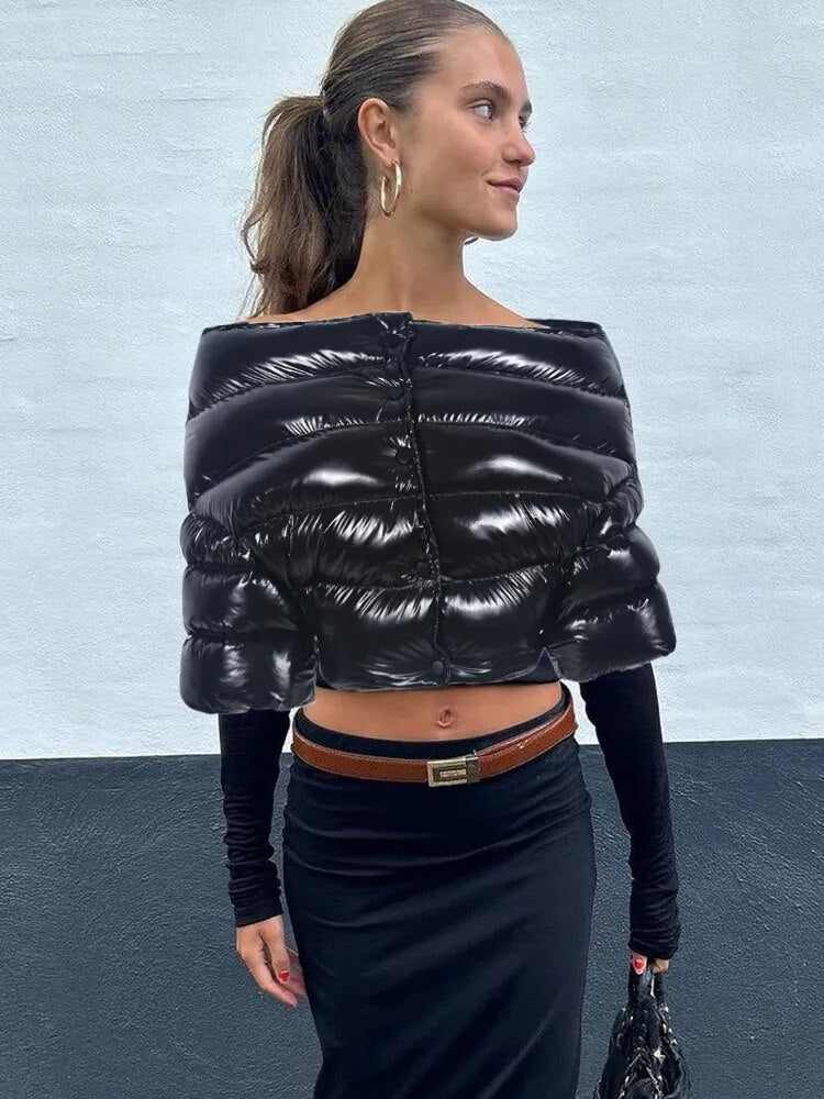 Off Shoulder Cropped Quilted Puffer Jacket preorder
