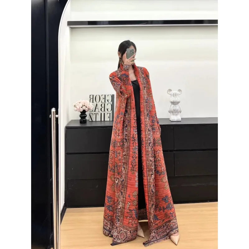 KAF Women Large Size Trench Coat Retro Printing Lapel Long-sleeved Cardigan Design Luxury Female Robe 2025 Spring New