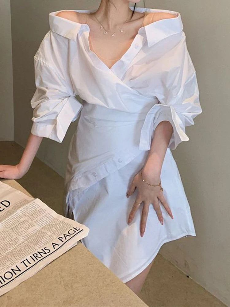 2024 New Spring Top Women's Personality Irregular Sling Waist Clamping Shirt Dress  Loose Fit  white