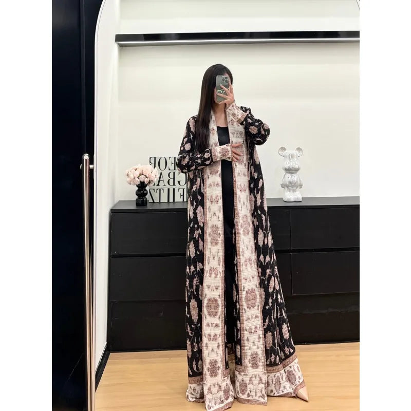 KAF Women Large Size Trench Coat Retro Printing Lapel Long-sleeved Cardigan Design Luxury Female Robe 2025 Spring New