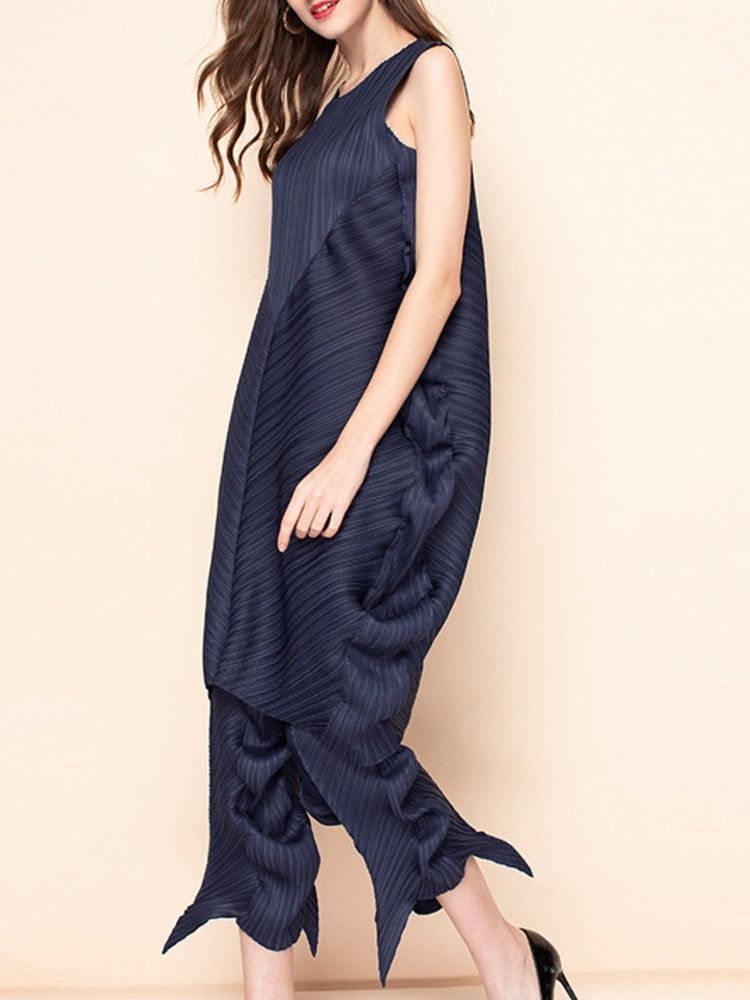 Pleated Two Piece Set Sleeveless Top High Waist Pencil Trousers Ruched Sides 17G1204 preorder