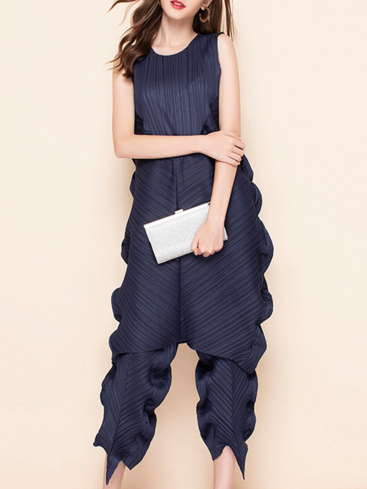Pleated Two Piece Set Sleeveless Top High Waist Pencil Trousers Ruched Sides 17G1204 preorder