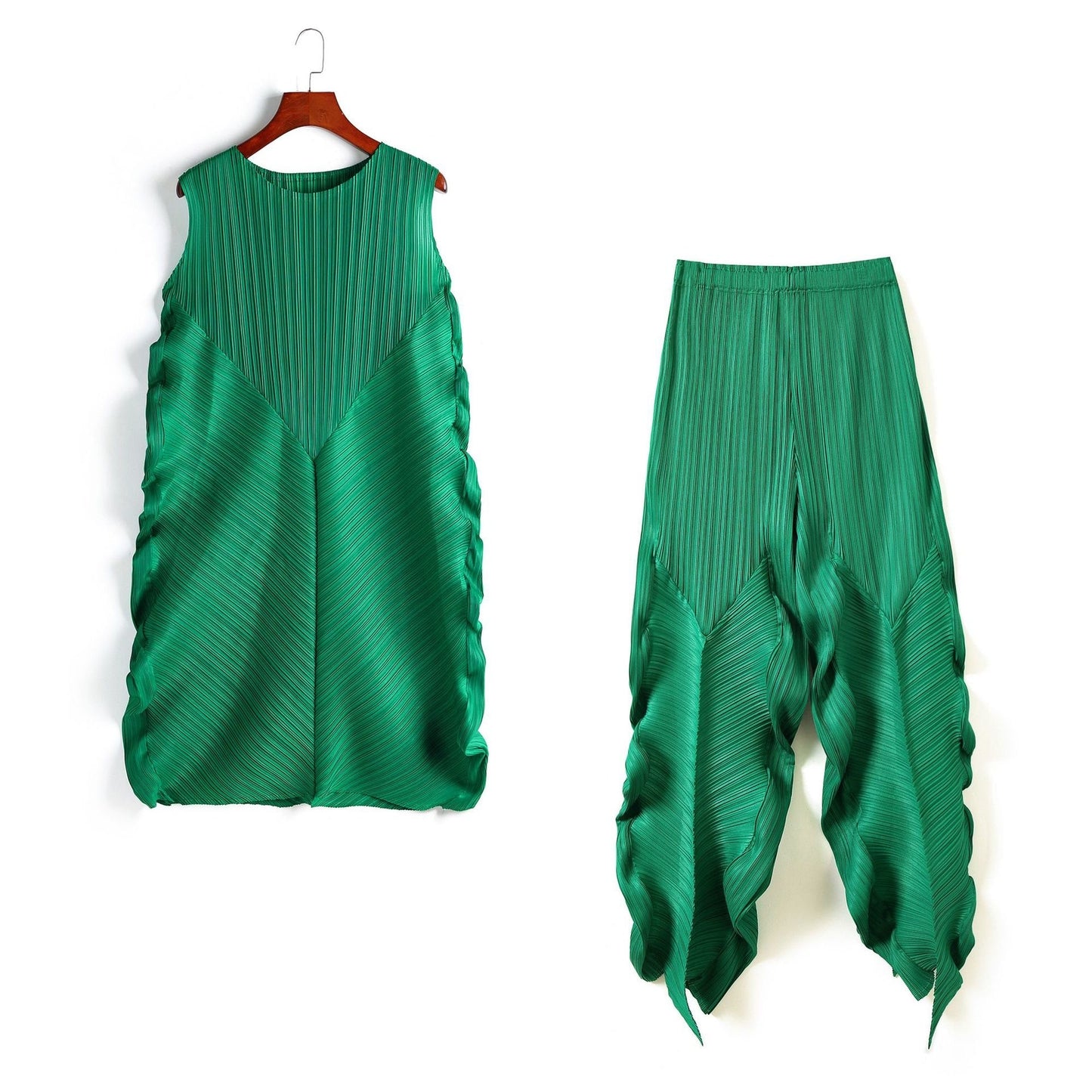 Pleated Two Piece Set Sleeveless Top High Waist Pencil Trousers Ruched Sides 17G1204 Sale